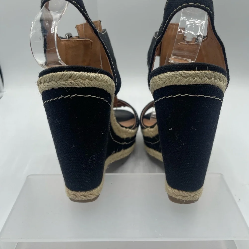 Franco Sarto Black Canvas Wedge Sandals, T strap, buckle side closure size 6.5
